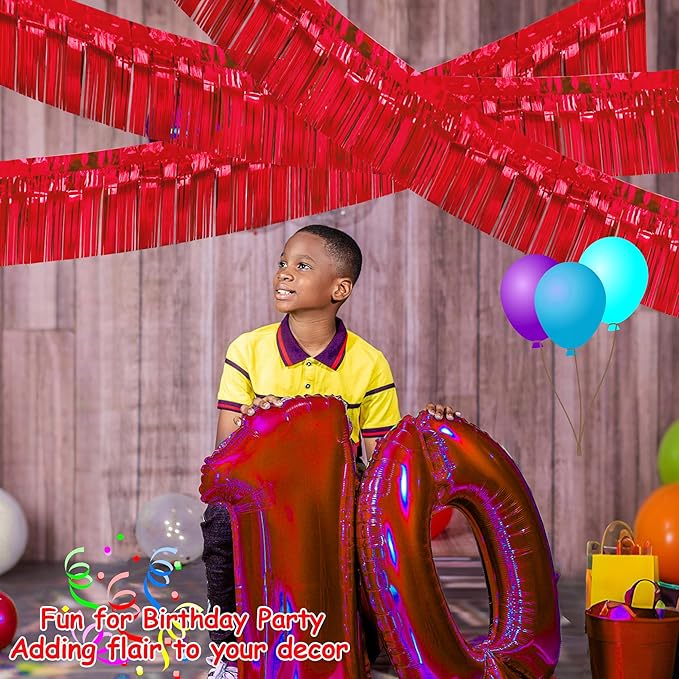 4 Packs Total 39 Feet Parade Floats for Trailer Car, Red Foil Fringe Garland Tinsel Streamers Hanging Backdrop Banner Table Skirts for 4th of July Graduation Homecoming Wedding Birthday Party Decor