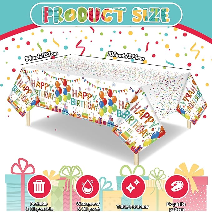 4 Pcs Happy Birthday Tablecloth 54'' x 108'' Disposable Birthday Table Cover Plastic Colorful Balloons for Kid Boy Girl Party Decoration Supplies(White)