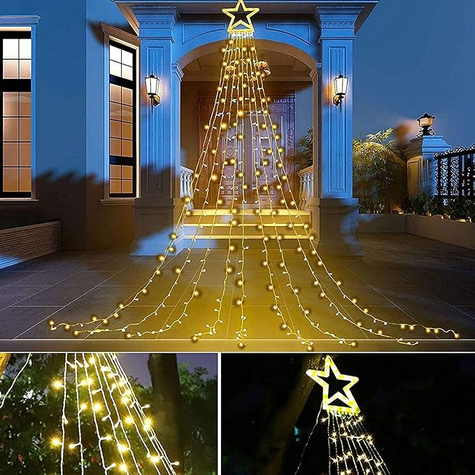 Christmas Decoration Lights, Outdoor Christmas String Lights 320 LED 11.5 Ft Waterfall Tree Light with Big Star Topper 8 Light Modes for Xmas New Year Holiday Garden Yard Indoor Outdoor Decor