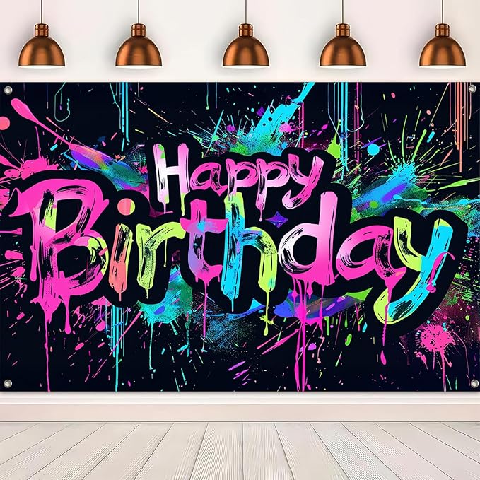 Neon Happy Birthday Banner 120x84 inch Photography Backdrops Party Background Decorations Colorful Graffiti Splash Paint KidsBirthday Supplies Glow in The Dark
