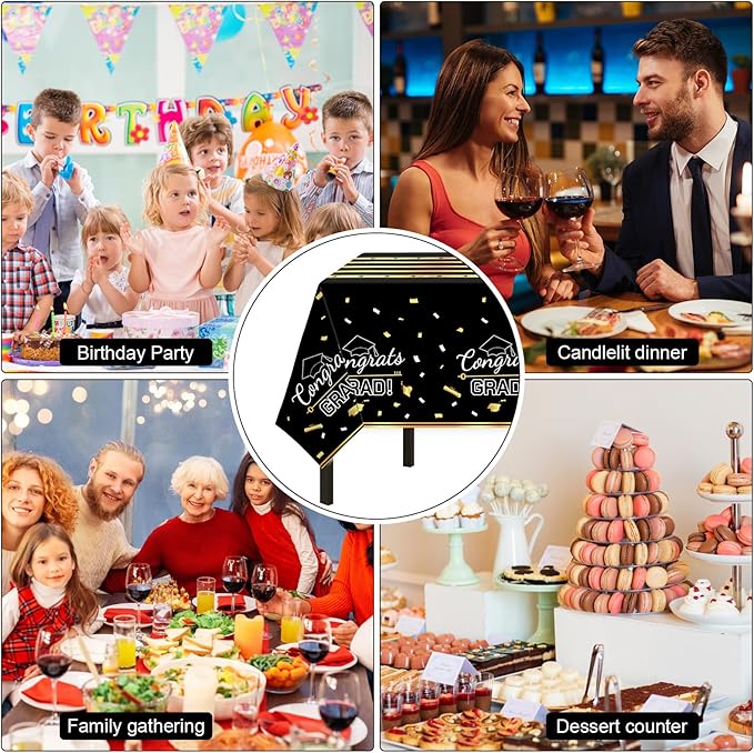 Childom 3 Pack Graduation Tablecloth,Graduation Decorations Class of 2026 Graduation Party Decorations,54"x108" Black and Gold Plastic Table Cloth Disposable Rectangle for Home,School,Party Supplies