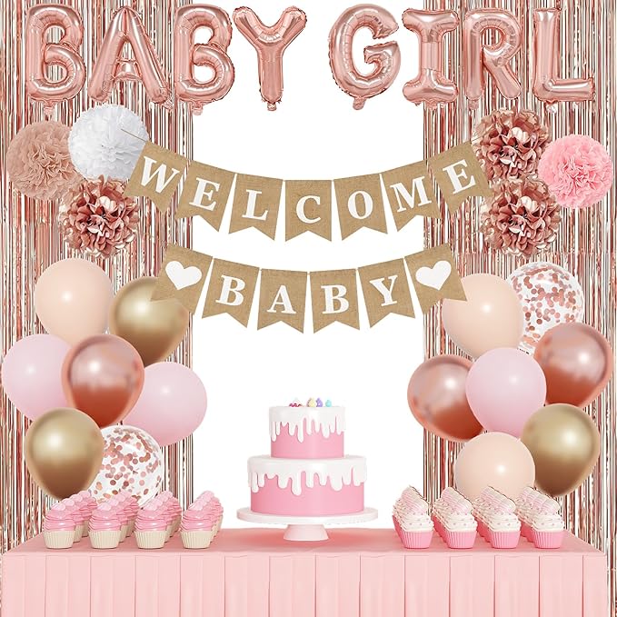 Ouddy Party Rose Gold Baby Shower Decorations for Girl with Welcome Baby Banner Baby Girls Rose Gold Pink Gold White Foil Balloons Fringe Curtains Paper Pom Poms for Baby Shower Reveal Party Supplies