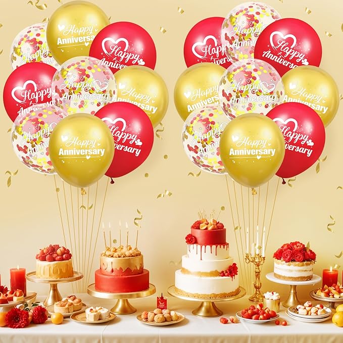 Happy Anniversary Balloons 18Pcs Red Gold Party Decorations for Women Men 12Inch Metallic Confetti Balloons for Indoor Outdoor Party Supplies