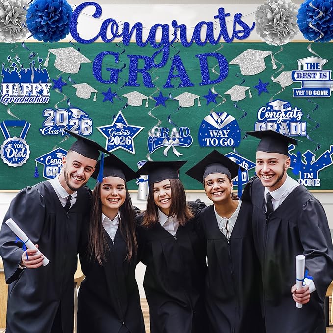 Graduation Decorations 2026, Glitter Congrats Grad Banner Hanging Swirls and Tissue Pom Poms, Silver and Blue Graduation Decorations for Class of 2026 College Graduations Party Decorations