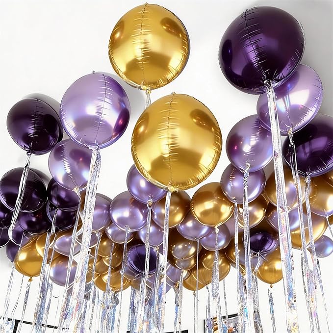 12Pcs Purple and Gold Round Balloons Foil, 22" 18" 15" 10" 4D Round Shaped Ball Balloon, Large Gold Dark Light Purple Metallic Balloons for Graduation Wedding Prom Birthday Party Decorations Backdrop