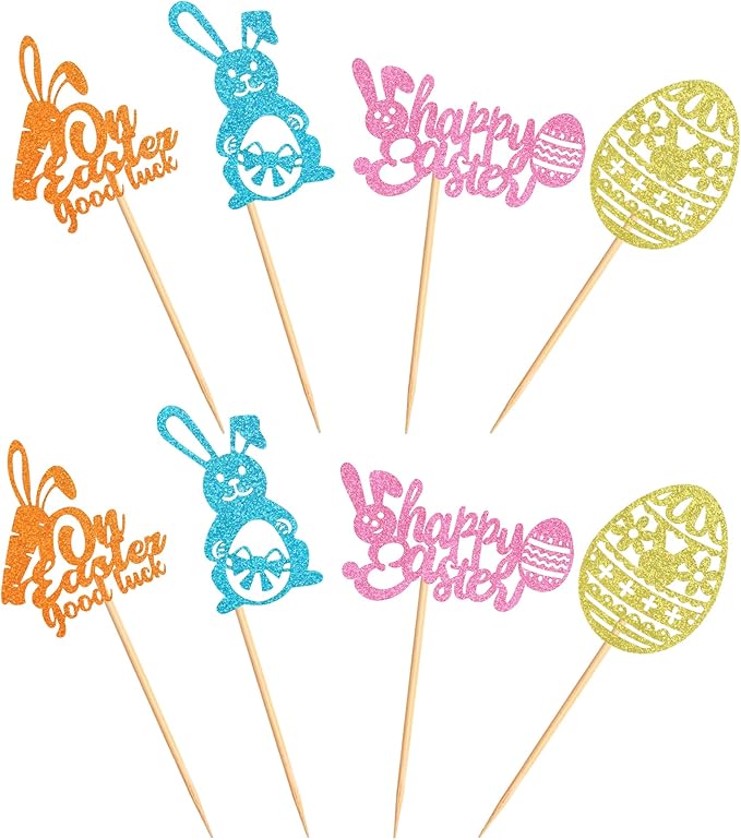 Ercadio 24Pcs Happy Easter Cupcake Toppers Glitter Bunny Easter Eggs On Easter Good Luck Cupcake Picks for Happy Easter Cupcake Decors Easter Baby Shower Birthday Wedding Party Supplies