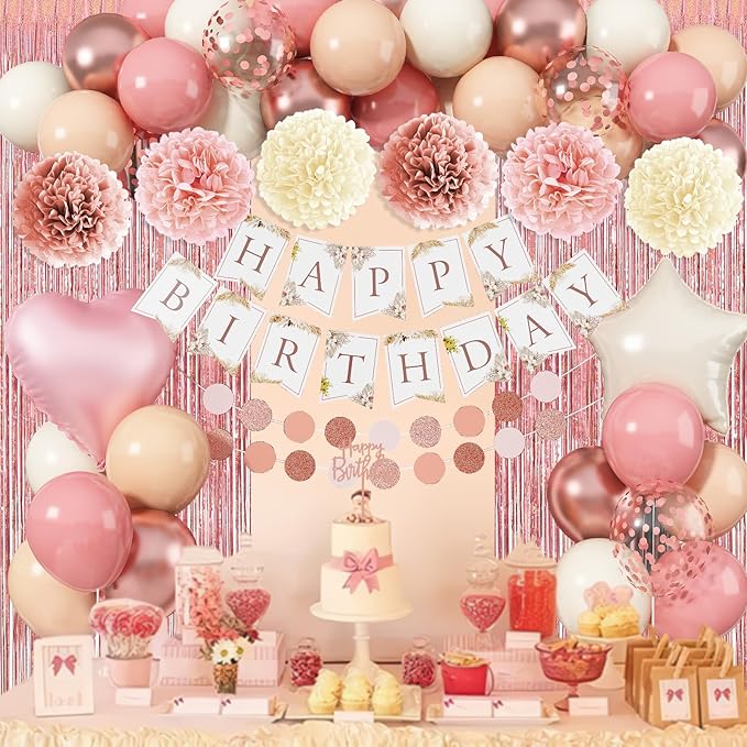 Pink Birthday Decorations for Women, Boho Dusty Pink Rose Gold Blush Beige Latex Balloons Happy Birthday Banner Foil Fringe Curtain Tissue Paper Pompom for Woman Girls Party Decoration Supplies