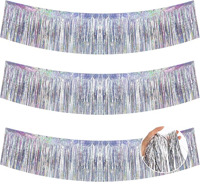 BEISHIDA 3 Packs 30 Feet Metallic Foil Fringe Garland Tinsel Streamers，Laser Silver Wall Hanging Tinsel Fringe Banners for Wedding Birthday Party Decoration Halloween Christmas New Year