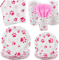 Kochorie 144 Pieces Pink Paw Print Party Tableware Sets Including Disposable Plates Napkins Cups Forks Serves 24 for Dog Puppy Theme Party Supplies