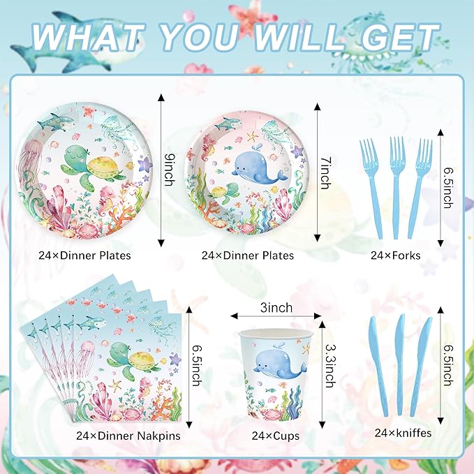 120PCS Under the Sea Party Supplies for Ocean Theme Baby Shower Birthday Party Underwater World Creatures Decorations Ocean Sea Animal Plate Cup Napkin Knives Forks for 20 Guests