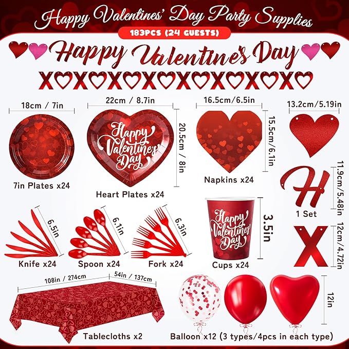 183PCS Happy Valentine's Day Party Supplies,Red Love Heart Disposable Paper Plate Napkin Cup Cutlery for 24 Guest,Banner Tablecloth Balloons for Galentines Anniversary Bridal Wedding Engagement Decor