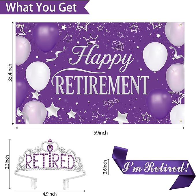 Holkcog Purple Retirement Party Decorations for Women, Silver Purple Happy Retired Banner Backdrop Paper fan Hanging Swirls for Coworker, I'm Retired Sash & Tiara Set, Great for Retiring Women Supply