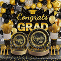 Ecomore 2026 Graduation Decorations - 245 PCS Grad Disposable Dinnerware(Serve 25) & Graduation Party Supplies With Congrats Paper Plate Cup Napkin Cutlery Tablecloth Backdrop Balloon Kit - Black Gold