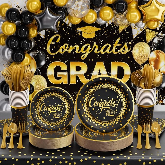 Ecomore 2026 Graduation Decorations - 245 PCS Grad Disposable Dinnerware(Serve 25) & Graduation Party Supplies With Congrats Paper Plate Cup Napkin Cutlery Tablecloth Backdrop Balloon Kit - Black Gold