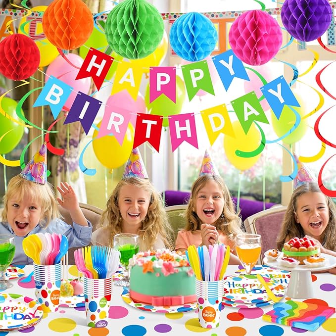 Zhehao Serves 129 Pcs Happy Birthday Party Supplies Set with Plates Napkins Cups Cutlery Rainbow Dot Birthday Decorations Kit Banner Tablecloth Hanging Honeycomb Balls Garland for Birthday Party