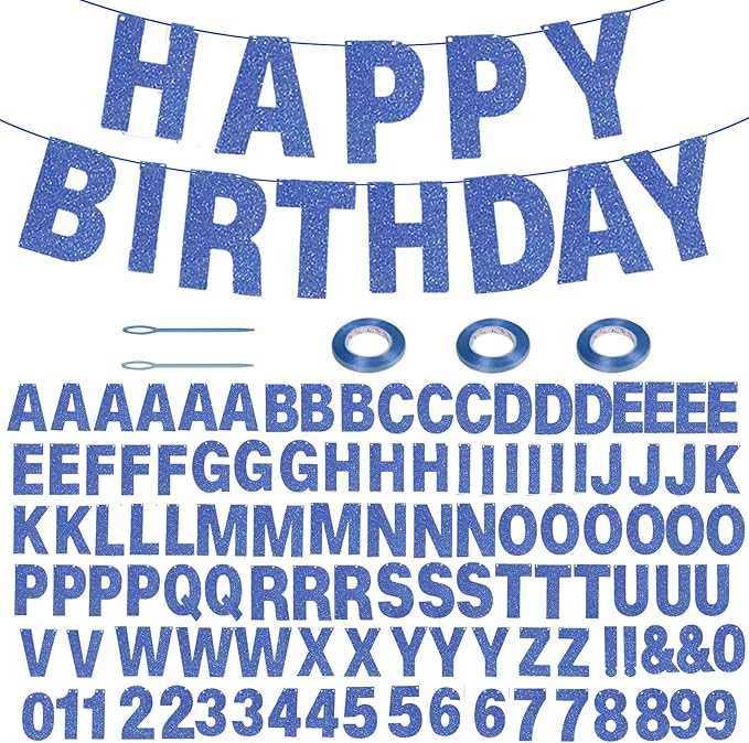 116 Pcs DIY Glitter Custom Banner Kit - Customize with 111 Letters and Numbers, 3 Rope, 2 Threading Devices for Personalized Decor - Halloween, Birthday (Blue)