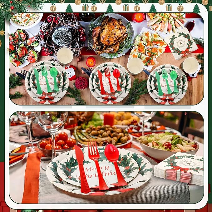 350 Pcs Merry Christmas Paper Plates and Napkins Set for 50 Guests Disposable Dinner Tableware Dinnerware Party Supplies Includes 100 Paper Plates 50 Cups Napkins Set Knives Forks Spoons
