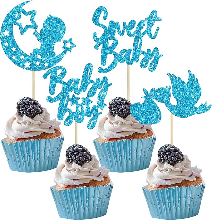 24Pcs Sweet Baby Boy Cupcake Toppers Blue Glitter Moon Star Baby Shower Cupcake Picks Decorations for Gender Reveal Baby Shower Kids Boys Birthday Party Supplies