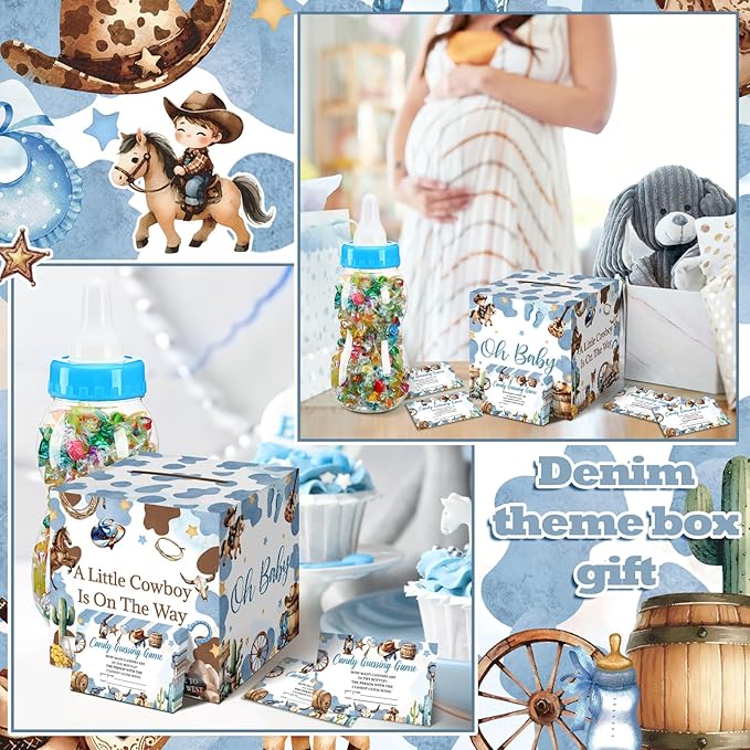 Glenmal 52 Pcs Baby Shower Games Gift Sets Large Baby Bottle for Shower Game Guess How Many Candies Decorations for Gender Reveal (Cowboy)