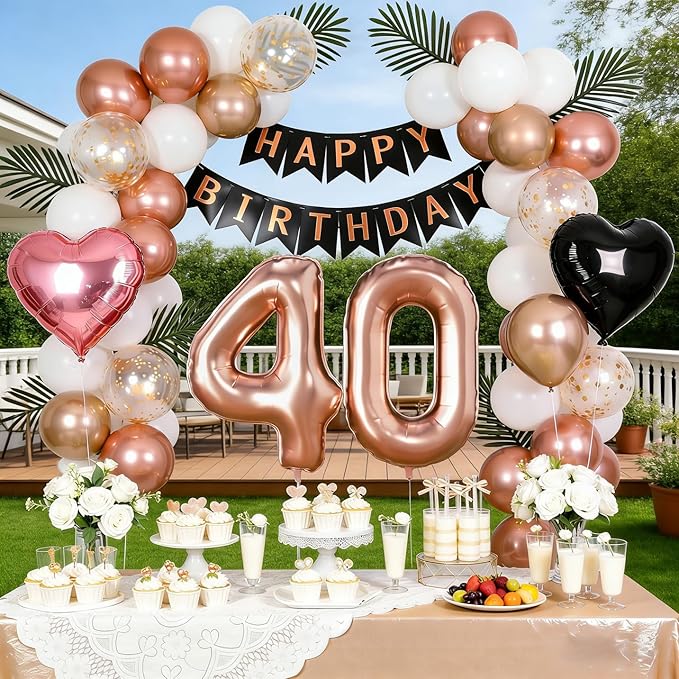 40th Birthday Decorations for Women - Rose Gold, Black and Hot Pink Party Supplies Set with Happy 40th Banner, Number 40 Balloons and Foil Fringe Curtains - 40 Year Old Celebration Kit