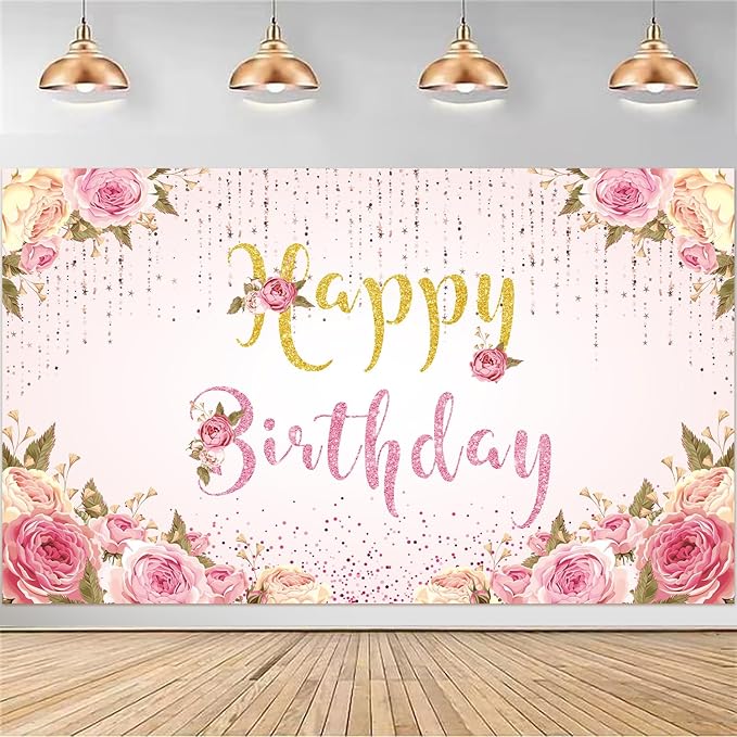 Happy Birthday Banner Pink Birthday Party Backdrop for Women Girls birthday sign Courtyard Photography Background Indoor Outdoor 71 x 47 inches