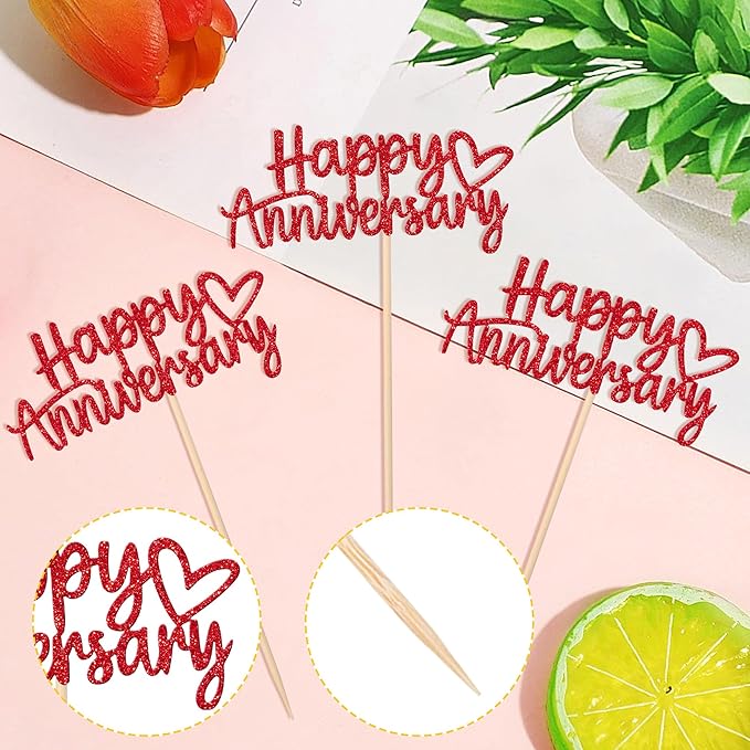 24 PCS Happy Anniversary Cupcake Toppers Glitter Wedding Anniversary Cupcake Picks Anniversary Theme Cupcake Decorations Baby Shower Birthday Wedding Anniversary Party Cake Decorations Supplies Red