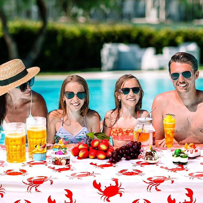 Juexica 4 Pcs 54 x 108 Inch Crab Boil Party Table Cloth Summer Seafood Party Supplies Plastic Crab Tablecover Decorations Rectangular for Sea Animals Dining Kitchen Centerpiece