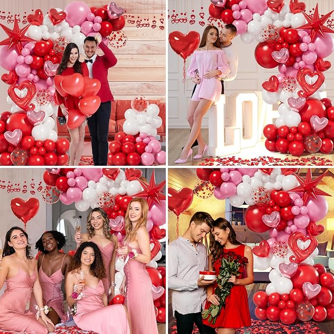 Bonropin 156pcs Valentines Day Balloon Arch Garland Kit with Pink White Red Confetti Heart Balloons Love Foil Balloons Explosion Star Balloons Rose Petals for Anniversary Wedding Romantic Decorations