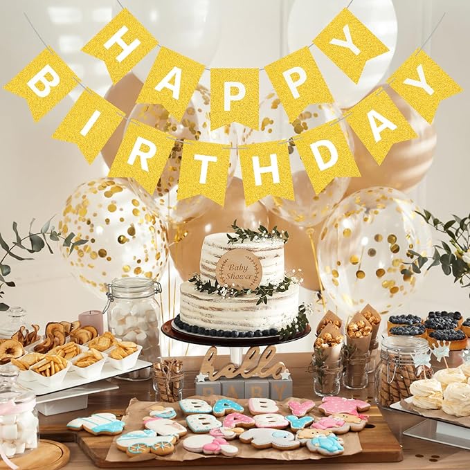 Gold Happy Birthday Banner Sign for Backdrop Gold Happy Birthday Decorations for Women Men Kids Golden Party Banner Garland Wall Door Bunting Flag