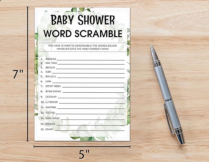 Baby Shower Game Cards, Word Scramble Game, Tropical Jungle Theme Party Games, Set of 30 (Green005)