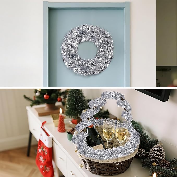 39.5 Ft Christmas Tinsel Garland, Reusable Holiday Metallic Christmas Tree Garland Decoration for Xmas, Wedding, Birthday, Home Party Decor (Silver)