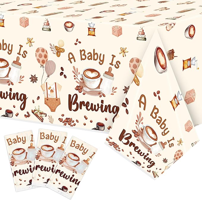 K1tpde Coffee Themed Baby Shower Tablecloths - 3PCS A Baby is Brewing Party Disposable Tablecloths for Kids, Coffee Beans Shower Welcome Baby Decorations Pregnancy Diaper Gender Reveal Party Supplies