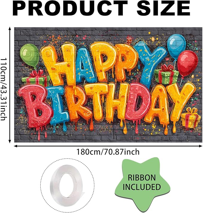 Nuxovilar Happy Birthday Yard Banner - 71x43 inches, Graffiti-Inspired Design Decorations Large Happy Birthday Banner Outdoor & Indoor Backdrop