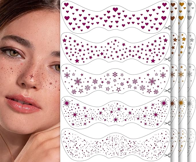 20PCS Glitter Freckles Face Tattoo, 4 Sheets/5 Styles Face Glitter Freckles for Festival & Rave, Waterproof Temporary Face Glitter Freckle Tattoo for Halloween Christmas (Rose,Gold,Sliver,Bronze)