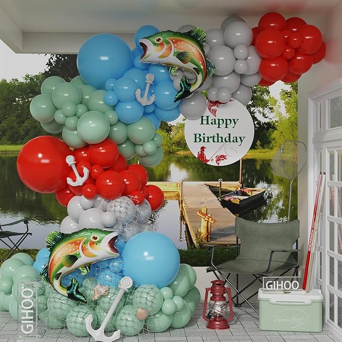 Fishing Birthday Party Decorations 155PCS Gone Fishing Balloon Arch Garland Kit with Inflatable Rainbow Trout Fish Balloon for Ofishally One Fish Themed Baby Shower Birthday Party Decoration