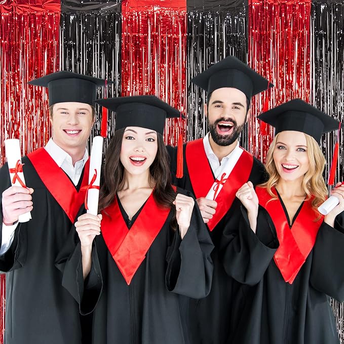 LOLStar Graduation Party Decoration, 2 Pack Red and Black 3.3x6.6 ft Foil Fringe Curtains, Tinsel Backdrop, Graduation Photo Booth Prop Streamer Backdrop for Class of 2026, Prom and Grad Party Decor