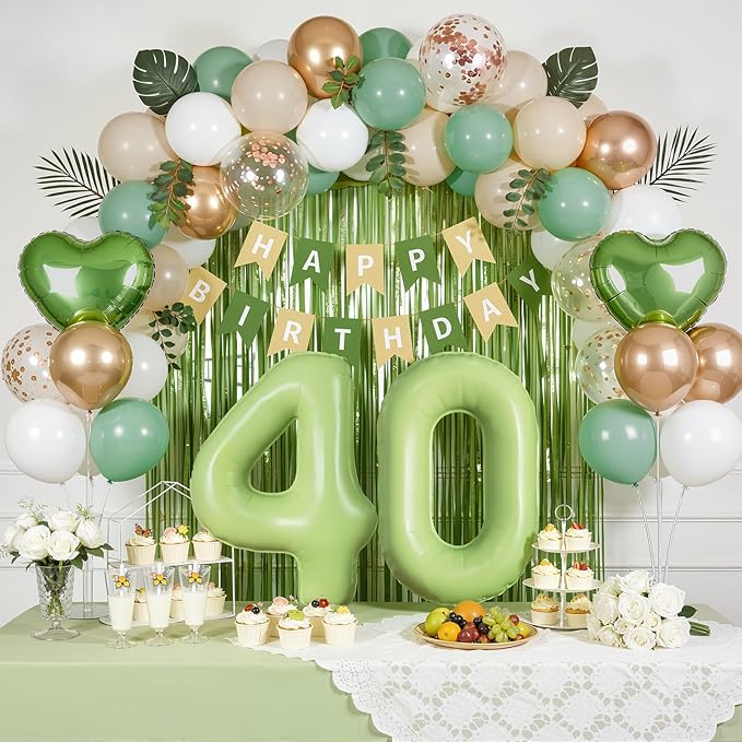 Sage Green 40th Birthday Decorations, Fabulous 40 Party Supplies for Women Men, Sand White & Cream Balloon Kit with Green Number 40 Balloon and Fringe Curtains