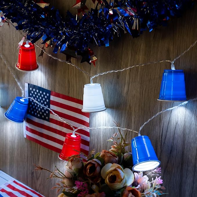 Hiboom Red White and Blue Cups Light, Christmas Shot Cups Fairy String Lights Battery Operated LED for 4th of July Independence Day Christmas Decor Memorial Day Bar Graduation RV Party(2 Pack)