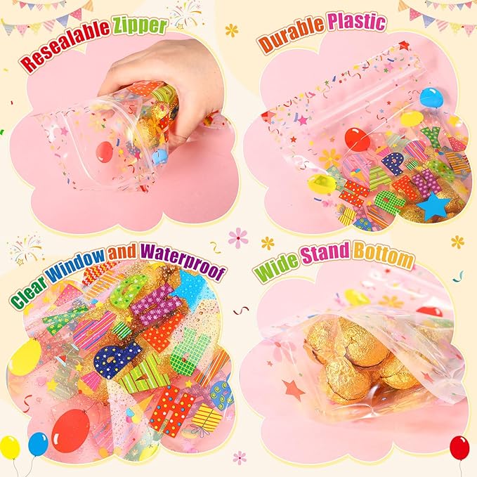 Fuutreo 50 Pcs Happy Birthday Bags Plastic Birthday Sealed Pouches Resealable Colorful Balloons Bags Party Favor Pouches for Home Candy Small Gift Party Wrapping Supplies Decoration