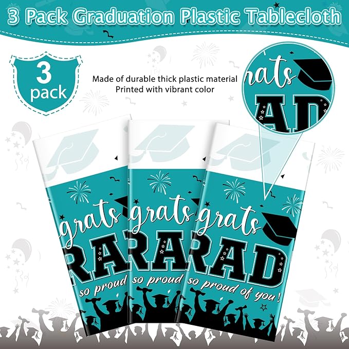 3 Pack Graduation Tablecloth Party Decorations, Class of 2026 Congrats Grad Plastic Tablecover Party Supplies, Teal Rectangle Graduation Table Decorations for College High School, 54 x 108 Inch