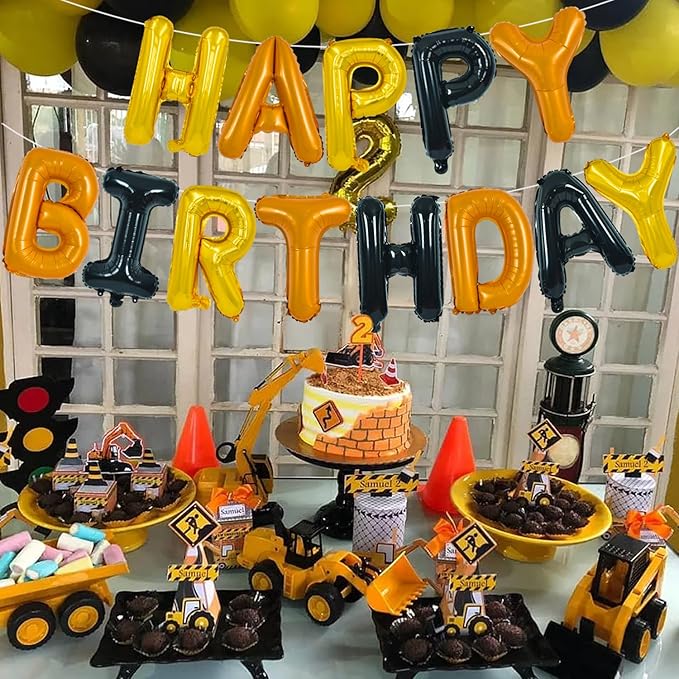 TONIFUL Happy Birthday Balloons Banner with Ribbon Straw,16 Inch Mylar Letters Birthday Sign Banner Balloon Bunting Reusable for Construction Birthday Party Supplies（Gold Orange Black）