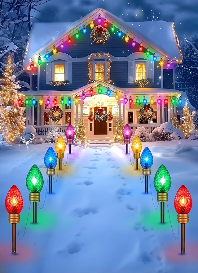 Minetom Strawberry C9 Christmas Jumbo Lights, 2 Pack 10.5 Feet 5 Multicolor Bulb Christmas Pathway Lights Outdoor C7 Light Covered Jumbo Multicolor Light Bulb Decorations for Lawn Outside