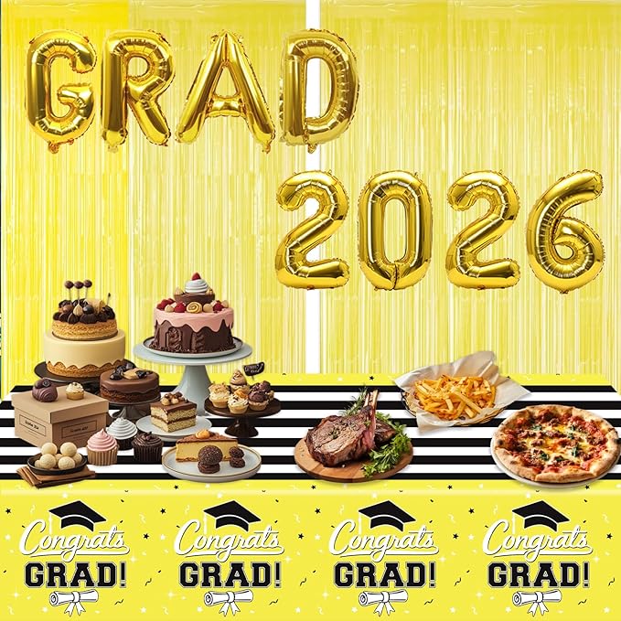 7-Pack Graduation Party Decorations Set, 3 Yellow Graduation Tablecloths 54x108in, 2026 and Grad Balloons, 2 Foil Fringe Curtains for High School College Graduation Party Photo Booth