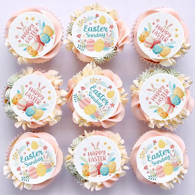 Ercadio 40 Pcs Edible Easter Eggs Cupcake Toppers Cute Rabbit Cupcake Decor Round Drink Topper Happy Easter Theme For Baby Shower Birthday Party Festive Cake Decoration Supplies
