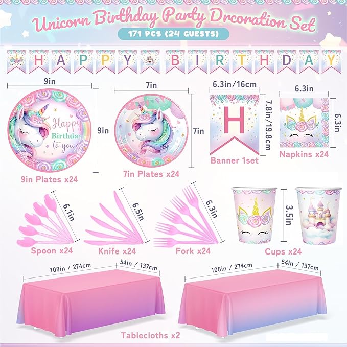 171Pcs Unicorn Birthday Party Supplies with Plates Cups Napkins Cutlery, Unicorn Birthday Decorations with Unicorns Banner and Tablecloths, 24 Serves Pink Disposable Tableware for Party Decor
