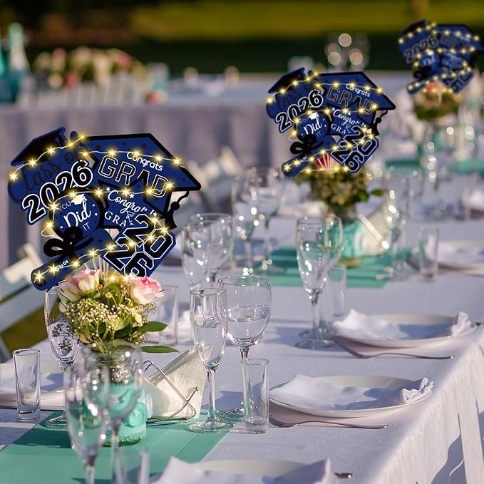 OuMuaMua Graduation Decorations Class of 2026-30pcs Blue and Black Graduation Table Centerpieces Sticks Table Toppers with Lights for College High School Congrats Grad Party Supplies