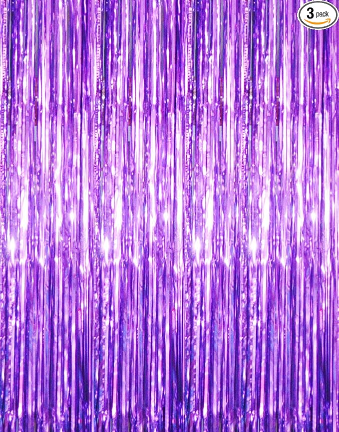 GOER 3.2 ft x 8.2 ft Metallic Tinsel Foil Fringe Curtains Party Photo Backdrop Party Streamers for Halloween Birthday,Graduation,New Year Eve Decorations (3 Packs,Purple)