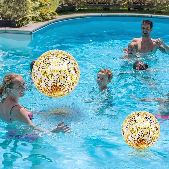 12 Pack Inflatable Glitter Beach Balls Bulk - 16" Beach Ball Swimming Pool Toys for Games Adults Kids, Summer Pool Beach Party Decoration,Luau Decorations Essential Blow Up Beach Ball (Gold,Glitter)