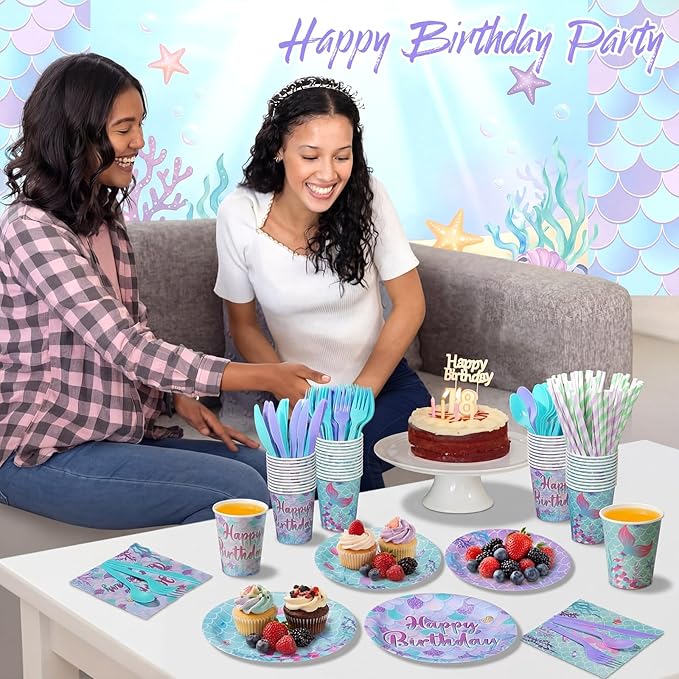450 Pcs Mermaid Birthday Party Tableware Set Decorations Mermaids Paper Plates Napkins Cups Cutlery Straws for Girls Ocean Under the Sea Themed Birthday Party Supplies, Serves 50