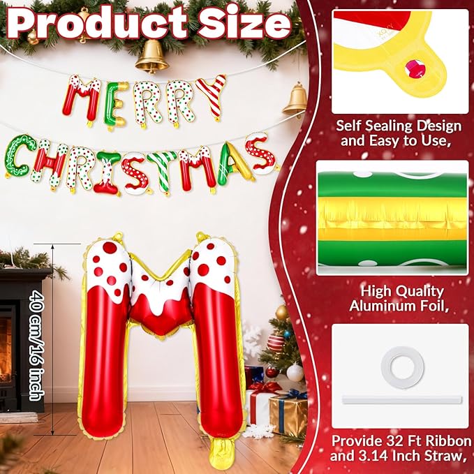 Merry Christmas Letter Balloons Banner, Merry Christmas Foil Xmas Balloon for Xmas Party Decorations (Candy Color)